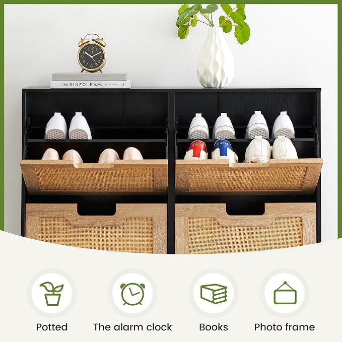 coucheta 4 Flip Drawers Shoe Storage Cabinet, Rattan Shoe Organizer with Metal Legs, Freestanding Narrow Shoe Rack Cabinet for Entryway, Black