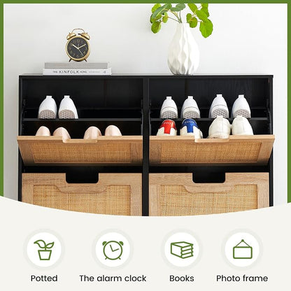 coucheta 4 Flip Drawers Shoe Storage Cabinet, Rattan Shoe Organizer with Metal Legs, Freestanding Narrow Shoe Rack Cabinet for Entryway, Black