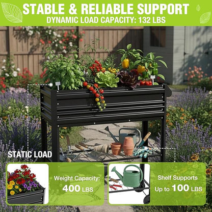 WORKPRO Galvanized Raised Garden Bed with Legs & Wheels, 37x14.6x31.6in, 400LB Capacity Elevated Planter Box for Garden, Backyard, Patio & Deck, Black