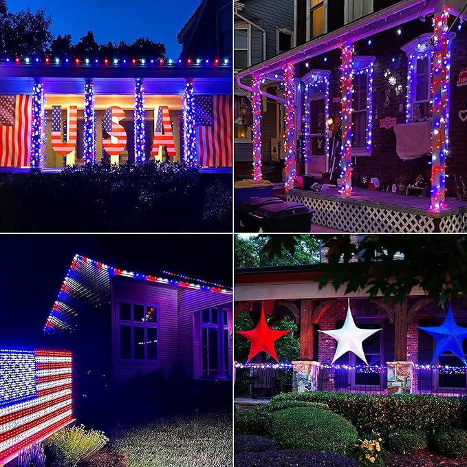 JMEXSUSS 2 Pack Solar String Lights, Red White and Blue, Total 200LED 66ft | Patriot Solar Lights Outdoor Waterproof, 8 Modes 4th of July Lights for Independence Day Patio Yard Tree Decorations