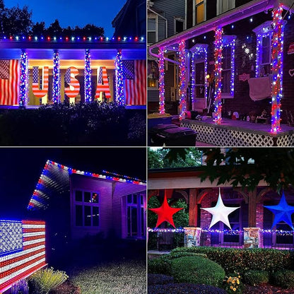 JMEXSUSS 2 Pack Solar String Lights, Red White and Blue, Total 200LED 66ft | Patriot Solar Lights Outdoor Waterproof, 8 Modes 4th of July Lights for Independence Day Patio Yard Tree Decorations