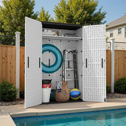 Devoko 50 Cu Ft Plastic Outdoor Storage Cabinet, White | Vertical Resin Storage Shed with Lockable Door, Waterproof Shed for Patio Furniture Pool Toy, Garden Tool, Shelf Not Included