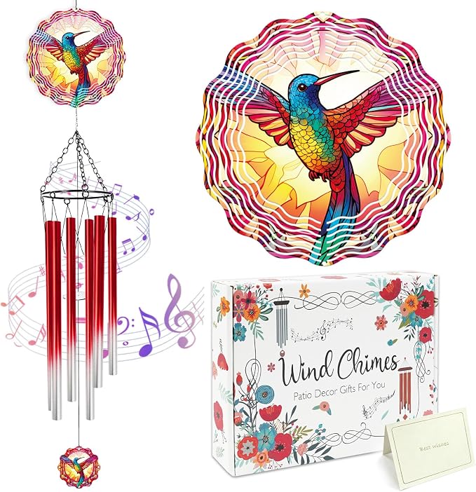 Hummingbird Wind Chimes for Outside with Wind Spinner, Summer Garden Patio Yard Porch Decor, Colorful Hummingbird Wind Chime with Gift Box, Birthday Housewarming Gifts for Women Mom