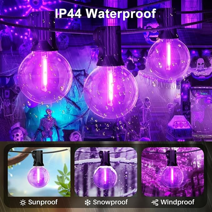 LAMPHOME G40 LED Outdoor Halloween String Lights, 2 Pack 26FT Patio Lights with 12+1 Edison Shatterproof Bulbs(1 Spare), Connectable Outside Lights for Backyard Porch Halloween Christmas Decor, Purple