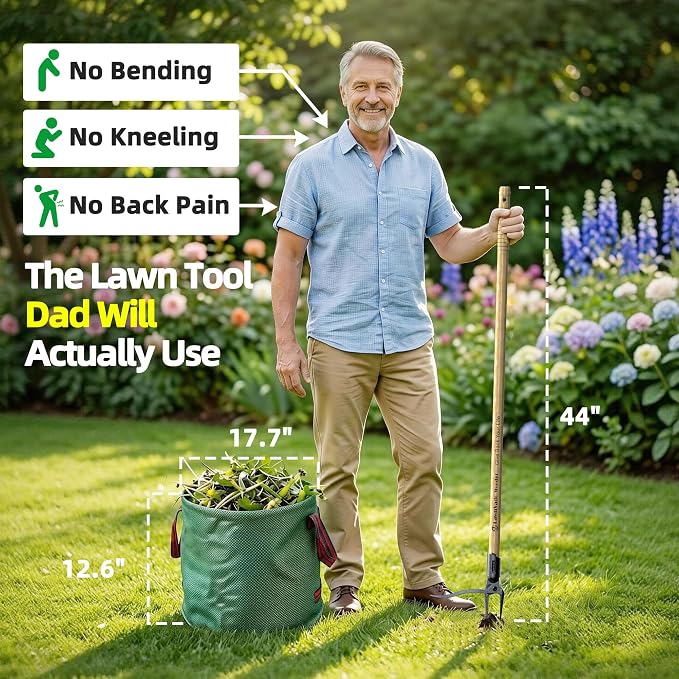 Stand Up Weed Puller Tool, Long Handle Weed Remover with Upgraded 4-Claw Steel Head, Manual Root Removal Tool for Lawn & Garden, No-Bend Weed Puller, Natural Bamboo Handle