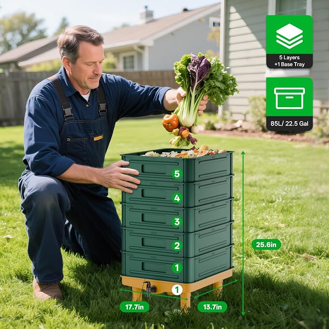 85L Worm Compost Bin, 5-Layer Worm Composter for Indoor & Outdoor, Starter Kits for Vermicomposting Starter, Garden Worm Composting Bin for Recycling Food Waste (Green)