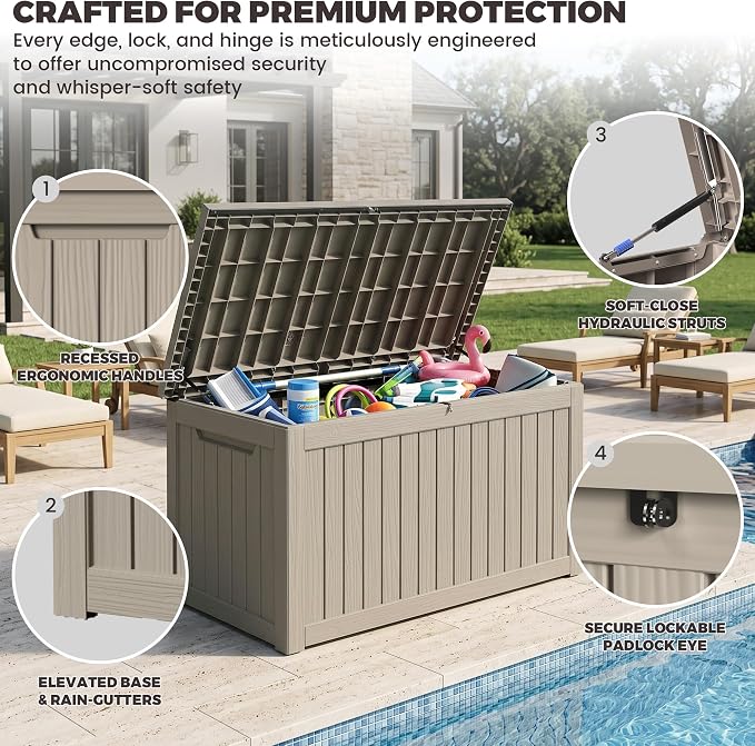 Outdoor Storage Box, 270 Gallon Waterproof Deck Box [Upgraded 3.1], Giant Resin Storage for Large Cushions, Heavy Duty Outside Lockable Bench Seat, Large Backyard Party, Grey