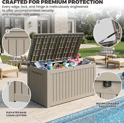 Outdoor Storage Box, 270 Gallon Waterproof Deck Box [Upgraded 3.1], Giant Resin Storage for Large Cushions, Heavy Duty Outside Lockable Bench Seat, Large Backyard Party, Grey