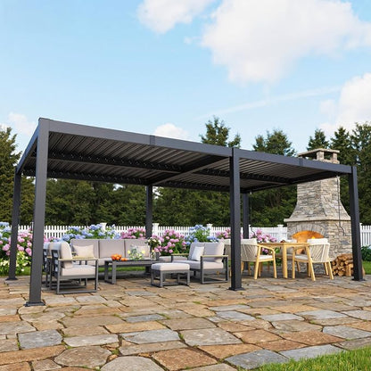 12' x 20' Louvered Pergola, Aluminum Frame Outdoor Pergola with Adjustable Louvered Roof & Integrated Gutter System, Hardtop Patio Gazebo for Backyard, Patio, Garden, Dark Gray