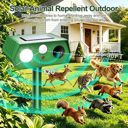 2 Pack 2026 Upgraded Solar Ultrasonic Animal Repellent Outdoor, Deer Repellent Devices Waterproof, Motion Activated Cat Repellent Outdoor, Squirrel Raccoon Skunk Rabbit Dog Bird Deterrents for Yard