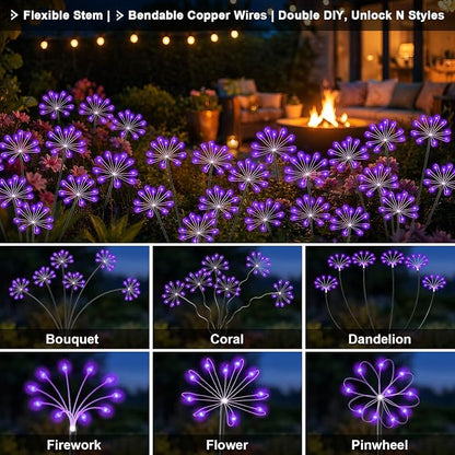 Solar Garden Lights Outdoor, Upgraded Solar Swaying Starburst Light Waterproof with 2 Modes, Solar Fairy Firework Lights for Yard Patio Pathway Flowerbed Balcony Garden Decoration (Purple, 2 Pack)