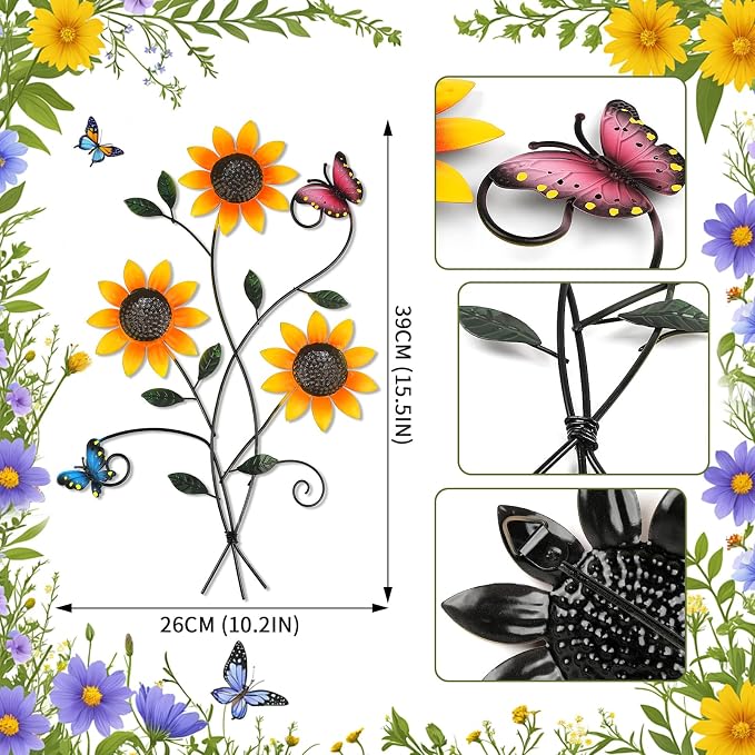 DETENE Metal Sunflower Wall Decor with Butterfly 3D Colorful Outdoor Wall Art Fence Decorations for Patio Metal Flowers Wall Hanging Ornament for Garden Porch Living Room Balcony Farmhouse
