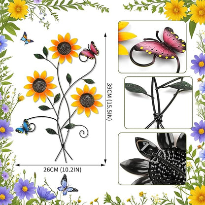 DETENE Metal Sunflower Wall Decor with Butterfly 3D Colorful Outdoor Wall Art Fence Decorations for Patio Metal Flowers Wall Hanging Ornament for Garden Porch Living Room Balcony Farmhouse