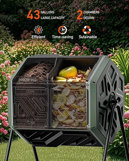 THE Growing 43 Gal Outdoor Compost Bin Tumbler for Backyard Garden, Green | Twin 21.5gal chambers match garden lawns. Pre-embedded nuts for fast setup. Durable resin deters pests and strong odors.