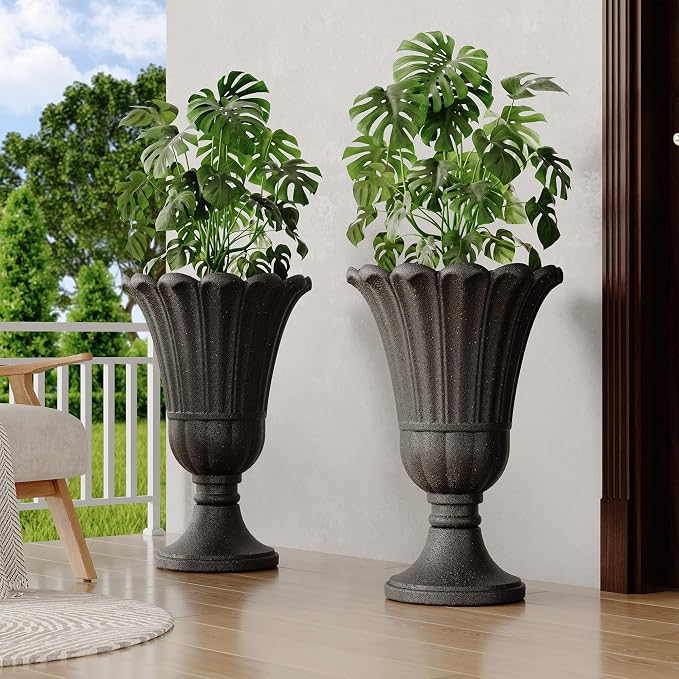 23" Tall Planters for Outdoor Plants Set of 2, Planter with Drainage Holes and Petal Design, Large Outdoor Planters for Porch, Garden, Indoor, Black
