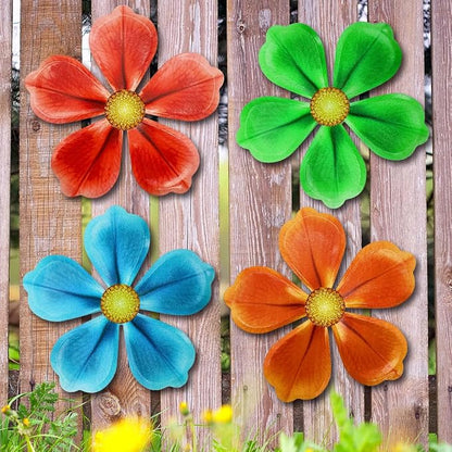 Giyyomtr Metal Flowers Wall Decor - 4pcs Metal Wall Art Hanging Decorations for Outdoor Fence Garden Yard Patio Exterior Wall Decor