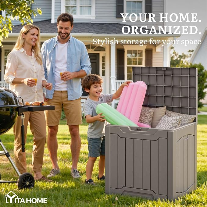 YITAHOME 31 Gallon Deck Boxes Set of 4 | Lockable Outdoor Storage Bins for Patio Cushions, Garden Tools, Weather-Resistant Resin Storage Solution, Taupe