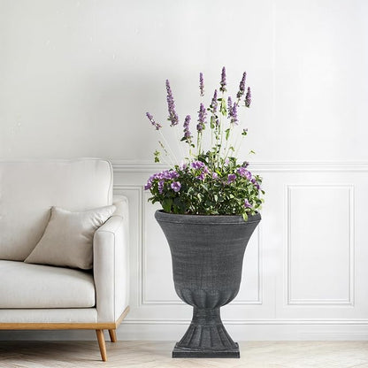 2-Pack 22" Washed Black Plastic Urn Planters with Drainage Holes | Set of 2 PP urn planters with antique washed finish, 3D texture, drainage plugs, and UV-treated surface for porch or patio