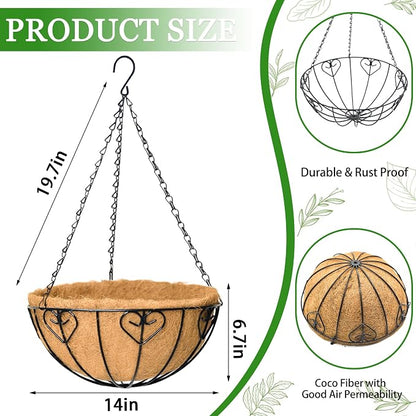 Hanging Planters for Outdoor Plants 4 Pack 14 inch Metal Hanging Flower Basket with Coco Coir Liner Wire Plant Holder Watering Flower Baskets Pot Hanger Garden Decoration for Indoor Outdoor(AXL)