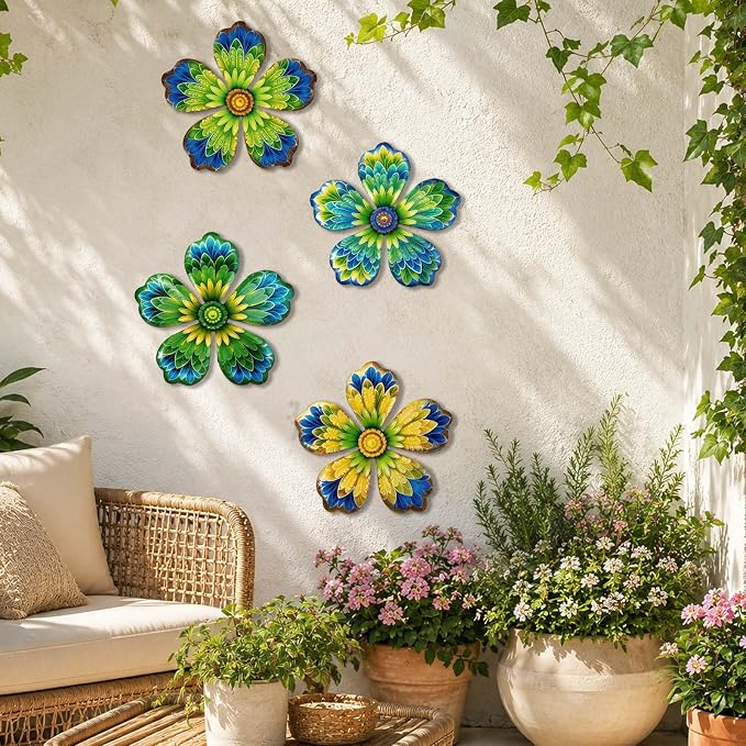 4-Pack Metal Flower Wall Decor, Outdoor Fence and Garden Art | Outdoor Wall Decor art, Easy To Hang, Ideal for outdoor fences, gardens, patios, yards and exterior walls