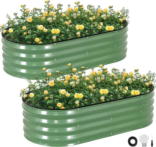 Galvanized Raised Garden Bed Outdoor, 2Pcs 4x2x1ft Oval Planter Box with Rubber Strip, Metal Raised Bed Kit for Vegetables Flowers Herbs, Olive Green