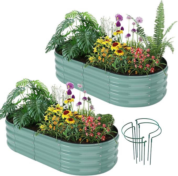 ZFHgarden Galvanized Metal Planter Raised Garden Bed Kit for Gardening Outdoor Garden Box Raised Flower Bed 2PC Green 4X2X1FT