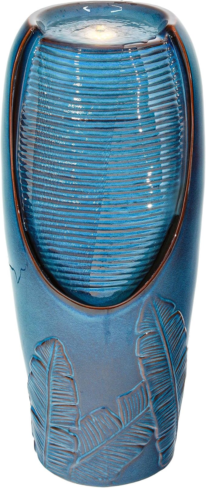 32" H Outdoor Garden Fountain with LED Lights, Modern Ceramic Jar Water Fountain, 3D Tropical Leaf Pattern, Teal Blue Glaze, Soothing Cascading Waterfall for Relaxing Patio, Yard, Porch