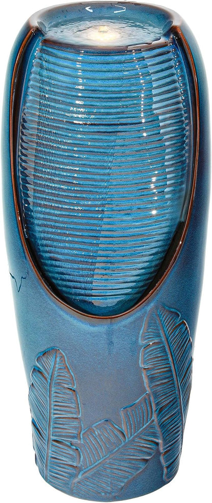 32" H Outdoor Garden Fountain with LED Lights, Modern Ceramic Jar Water Fountain, 3D Tropical Leaf Pattern, Teal Blue Glaze, Soothing Cascading Waterfall for Relaxing Patio, Yard, Porch