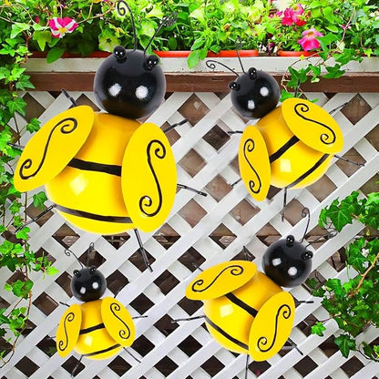 MACLARONX 4 PCS Metal Bumble Bee Garden Decor Outdoor Honey Bee Fence Yard Art Outside Patio Home Wall Decoration