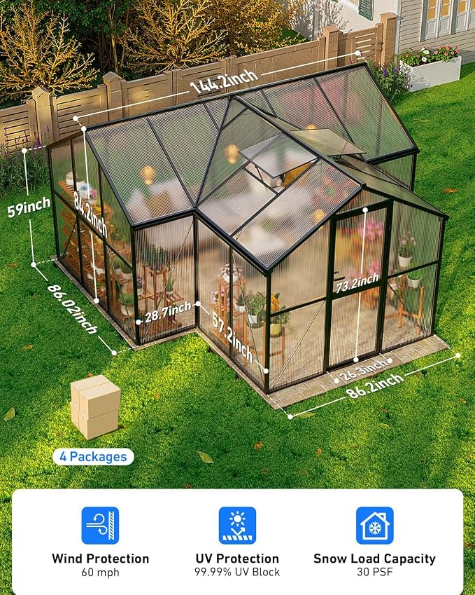 12x12 FT T-Shape Greenhouses, Polycarbonate Green House with UV Protection, Heavy Duty Greenhouse with Windproof Aluminum Frame, Roof Vent & Quick-Install Design for Backyard or Garden Use