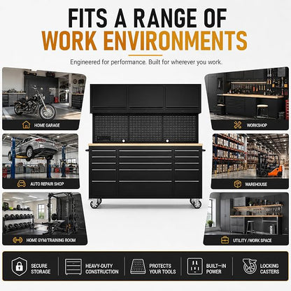 CHETTO C 72-inch Rolling Tool Chest Cabinet Mobile Workbench Black Tool Box with 3 Upper Cabinet 15 Storage Drawers Wheels Outlet SS Pegboard for Warehouses
