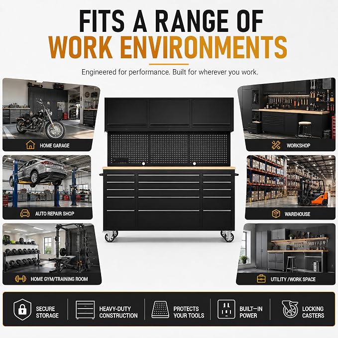 CHETTO C 72-inch Rolling Tool Chest Cabinet Mobile Workbench with 15 Storage Drawers and Wheels 3 Uper Cabinet Outlet SS Pegboard Black Tool Box for Garage