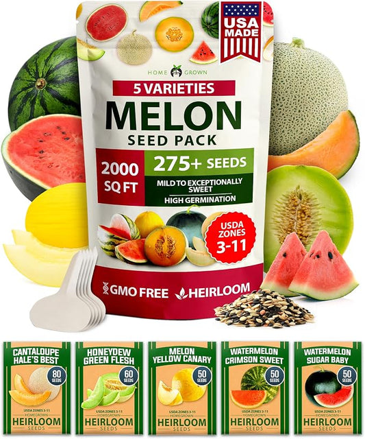 HOME GROWN Melon Seeds 5 Variety Mix 115+ Heirloom Non-GMO, High Germination, Watermelon Sugar Baby, Cantaloupe, Honeydew, Sweet & Juicy Summer Fruit, Indoor Outdoor Garden (Cucumis melo/Citrullus)