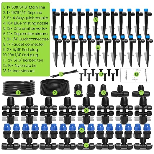 Bonviee 247FT Drip Irrigation System, 50FT 5/16" Mainline, Quick Connect | 50FT 5/16" and 197FT 1/4" Tubing. Garden watering System for Raised Beds, Greenhouses. 70% Water Savings. GRS Certified.