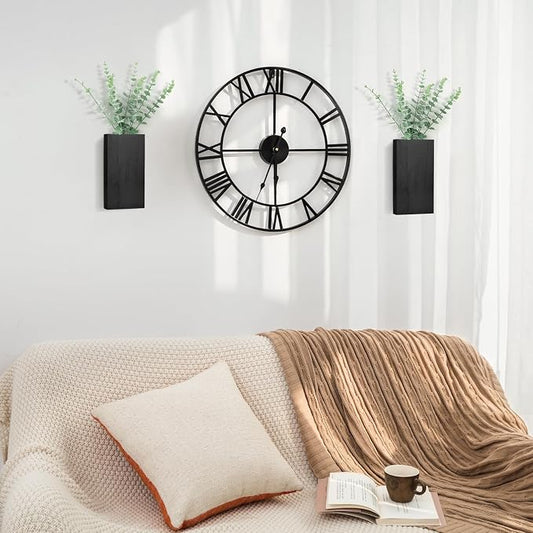 Dahey 2 Pack Wood Wall Planter Vase with Artificial Eucalyptus Farmhouse Wall Hanging Decor Pocket Planter for Indoor Fake Plants Greenery, Living Room Bedroom Kitchen Home Office Decoration, Black