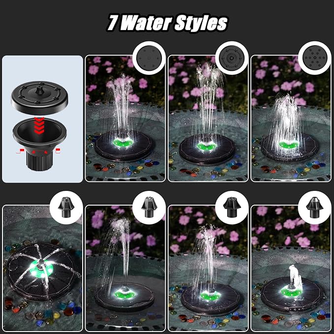 Yzert Solar Fountain for Bird Bath Green Flower White Lights, 3.5W Glass Solar Bird Bath Fountains with 2200 mAh Battery, Solar Fountain Pump with 7 Nozzles for Outdoor Garden, Pond, Pool Decor
