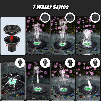 Yzert Solar Fountain for Bird Bath Green Flower White Lights, 3.5W Glass Solar Bird Bath Fountains with 2200 mAh Battery, Solar Fountain Pump with 7 Nozzles for Outdoor Garden, Pond, Pool Decor