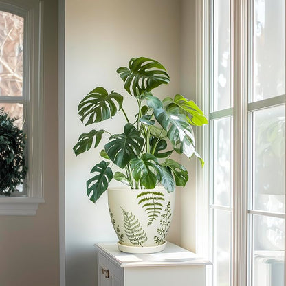 MPotTo Ceramic Plant Pot, 8.2 Inch, White | Boho Round Decorative, Indoor & Outdoor, Drainage Hole & Saucer, Housewarming Gift, Office Home Garden Decor