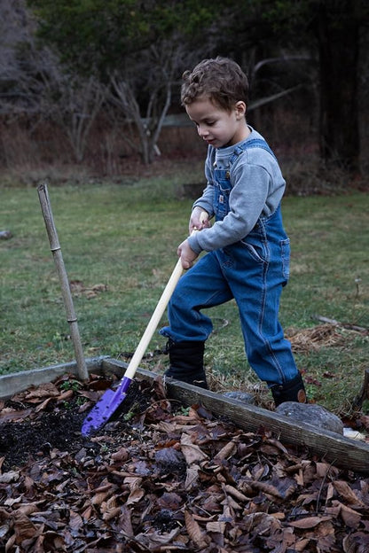 JustForKids Kids Garden Tool Set Toy, Rake, Spade, Hoe and Leaf Rake, reduced size , made of sturdy steel heads and real wood handle, 4-Piece, Multicolored, 5yr+