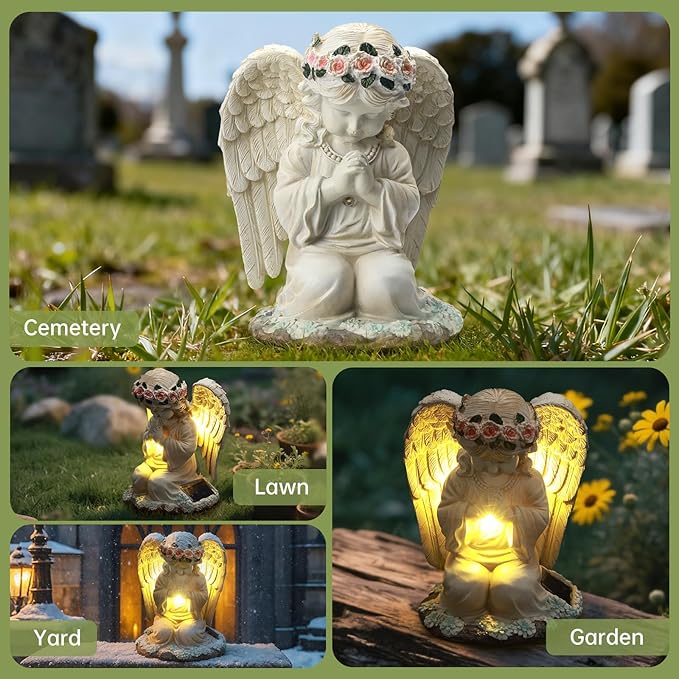 Solar Angel Garden Statue, Outdoor Decor, Cemetery Decorations for Grave – Praying Angel Figurines with LED Light for Outdoor Lawn, Yard, Patio Decor, Memorial Gifts for Women, Mom and Grandma
