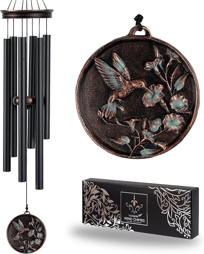 Vanquer Vintage Wind Chimes for Outside Deep Tone - 34'' Wind Chimes Outdoor Clearance, Windchimes Outdoors, Memorial Wind Chimes, Sympathy Gift, Patio, Home Décor, Vintage Black (34" Hummingbird - A)