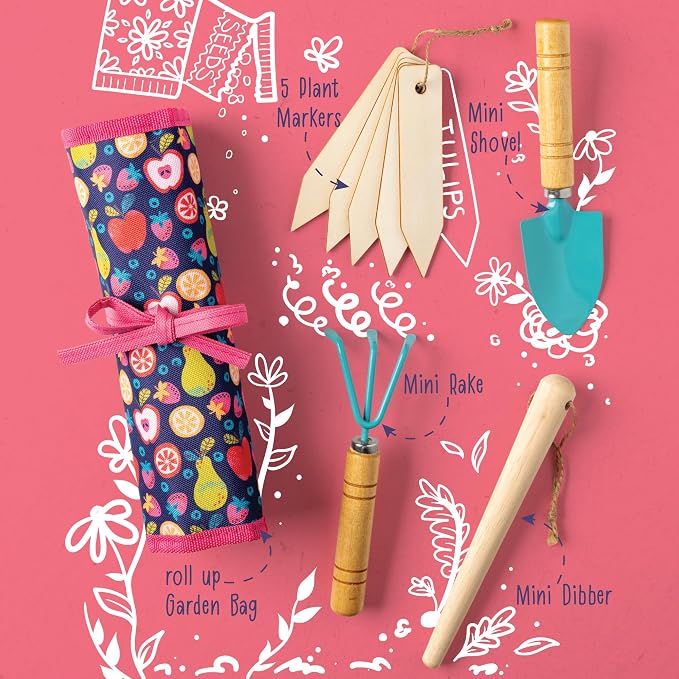 Stephen Joseph, Toddler Gardening Tool Set 5 PCS - Mini Shovel, Seed Dibbler, Mini Rake and Plant Markers with Roll Up Bag, Kids Gardening Tools, Best Outdoor Toys Gift for Boys and Girls, Fruit