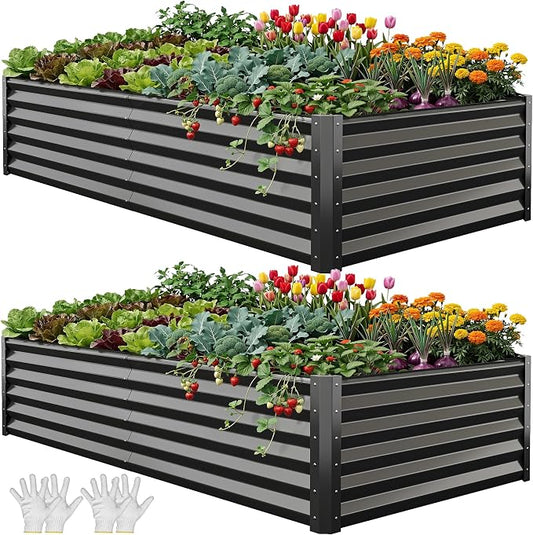 YITAHOME 8x4x1.5ft 2pcs Large Raised Garden Bed Kit, Galvanized Metal Planter Box with Gloves, Ground Nails & Safety Rubber, Outdoor Above Ground Planters for Plants Vegetables Flowers, Black