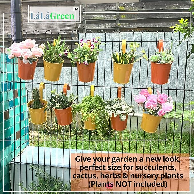 LaLaGreen Rail Planter for Outdoor Plants (4 in, 10 Pack) Orange Metal Pots | Fence rail planters for balcony, apartment, patio, porch, deck, herb, succulent, cactus, outdoor plants