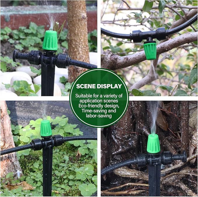 Kalolary 30Pcs Push-to-Fit Drip Irrigation Spray Emitters for 1/4" Tubing,Three-Way Adjustable Atomizing Nozzle Micro Irrigation Dripper Sprinklers with 6PCS End Plugs for Irrigation System(Green)