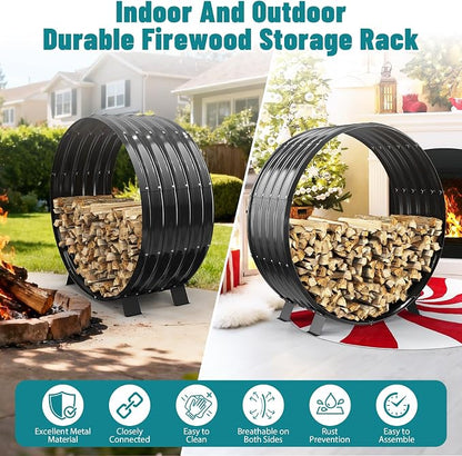 Round Heavy Duty Firewood Rack – Galvanized Wave-Shaped Steel with 4 Sturdy Legs – 0.8mm Thick Black Coated – Indoor or Outdoor Wood Holder for Fireplace,Patio & Deck Fire Pit (3.3FT Diameter)