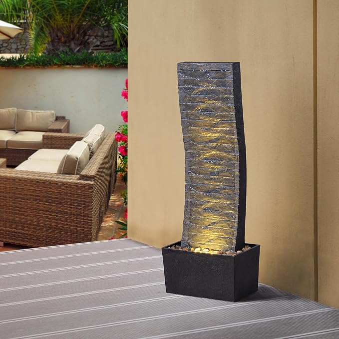 Curved Outdoor Waterfall Fountain, 36.2" Elegant Outdoor Water Fountain with LED Lights for Patio, Garden, Backyard, Modern Large Relaxing Water Feature (24382)