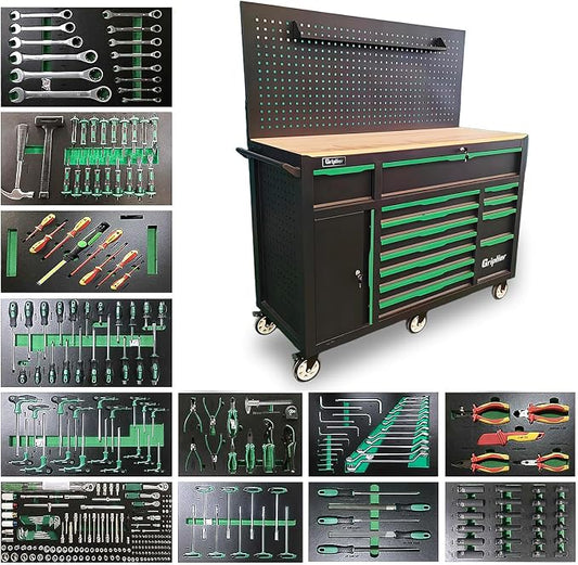 13-Drawers Rolling Tool Cabinet with Wood Workbench,Pegboard,60.6W x 22.7D x 66.1H inch,Heavy-Duty Steel Tool Storage,Lock & Key for Home,Garbge or Workshop Use(13 Drawer + 348 Pieces Tools)