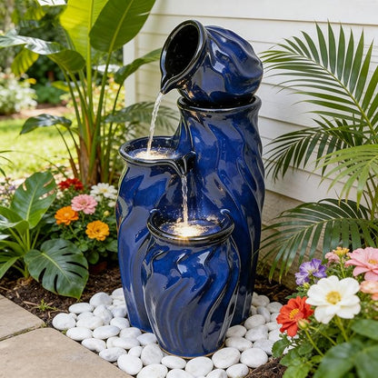 29" Ceramic Water Fountain Outdoor, 4-Tier Dynamic Wavy Design, LED | Outdoor Fountain with Artistic Cobalt Blue Glaze, Decorative Water Feature, Cascading Waterfalls for Serene Garden Patio Yard