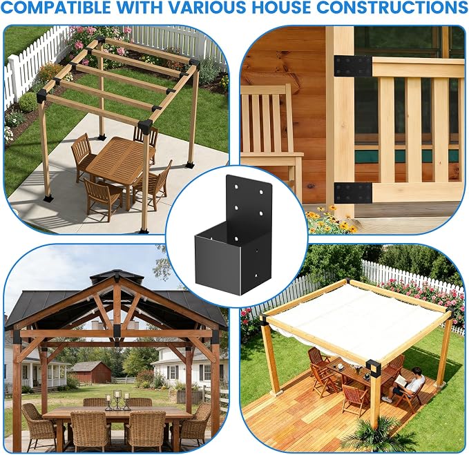 8 Pcs pergola Brackets 4x4(Actual Size 3.6'' x 3.6''), 4x4 pergola Bracket kit for Wood Post, Black Powder-Coated, Post Top Rafter Brackets or Gazebo,Log Cabins, Sunroom and Deck Railing Brackets